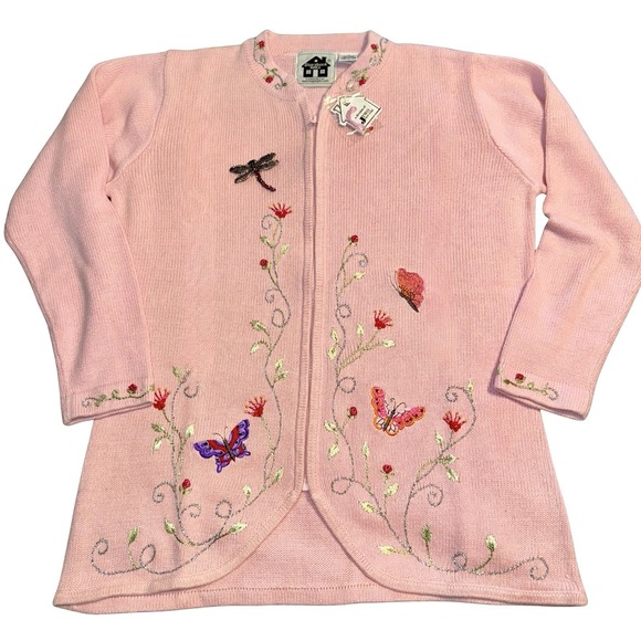 Storybook Knits Sweaters - Vtg Storybook Knits Cardigan Sweater Medium Pink Butterfly Floral Embroidered